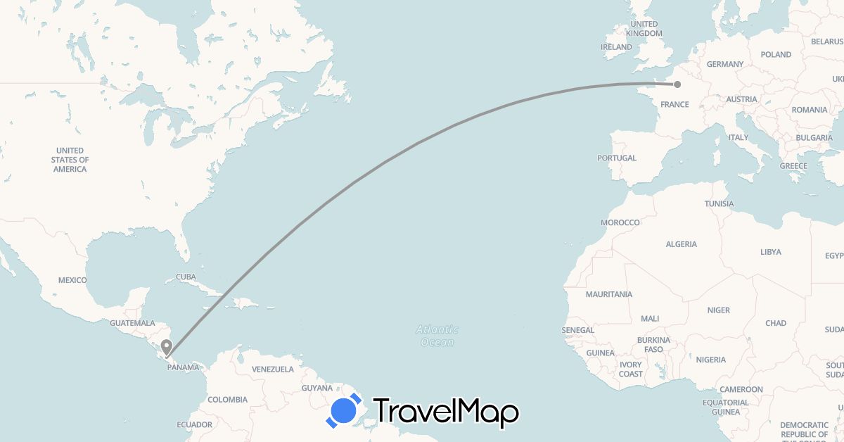 TravelMap itinerary: plane in Costa Rica, France (Europe, North America)